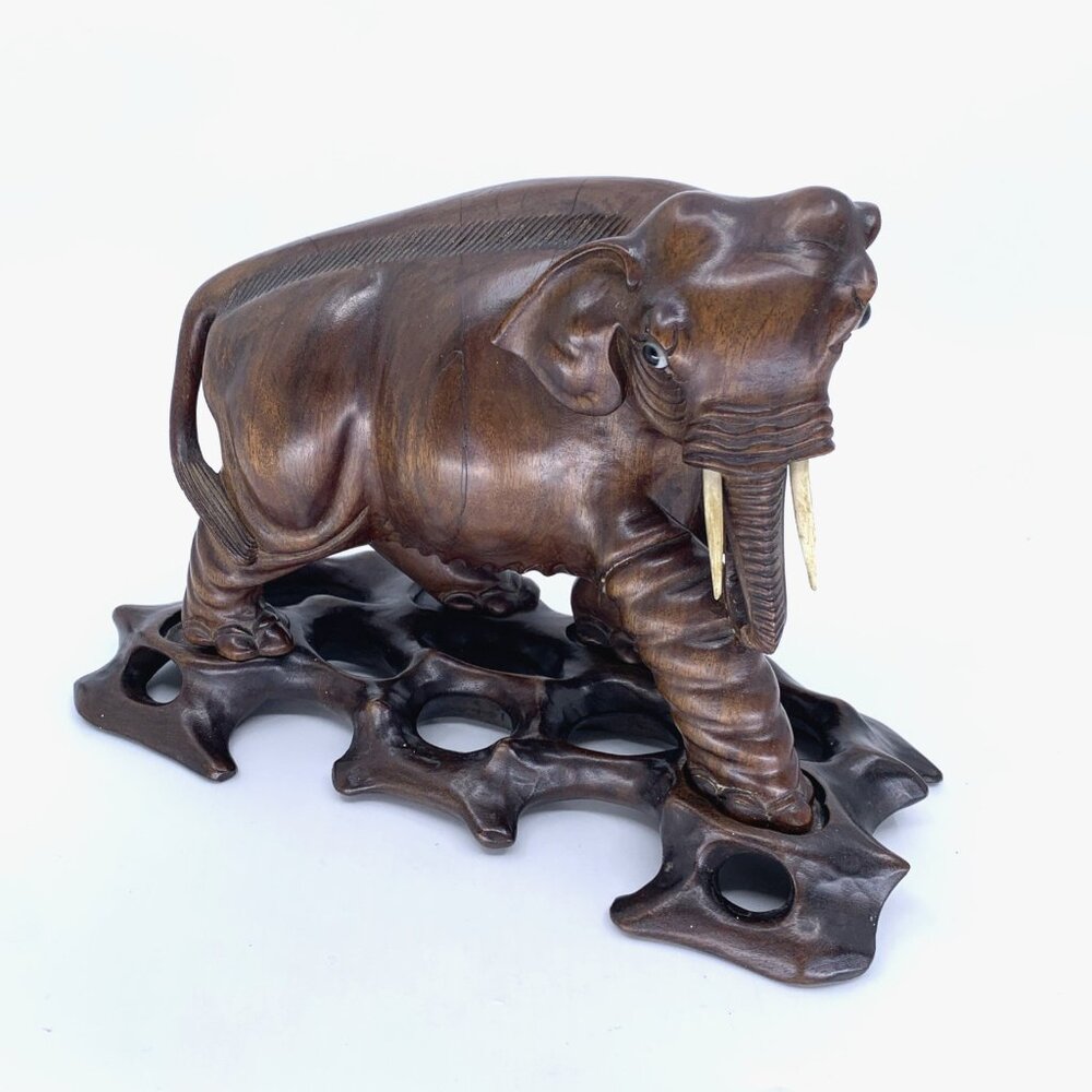 Vintage Thai Hand Carved Teak Wood Elephant Statue w Carved Base 6.5" Hard Wood